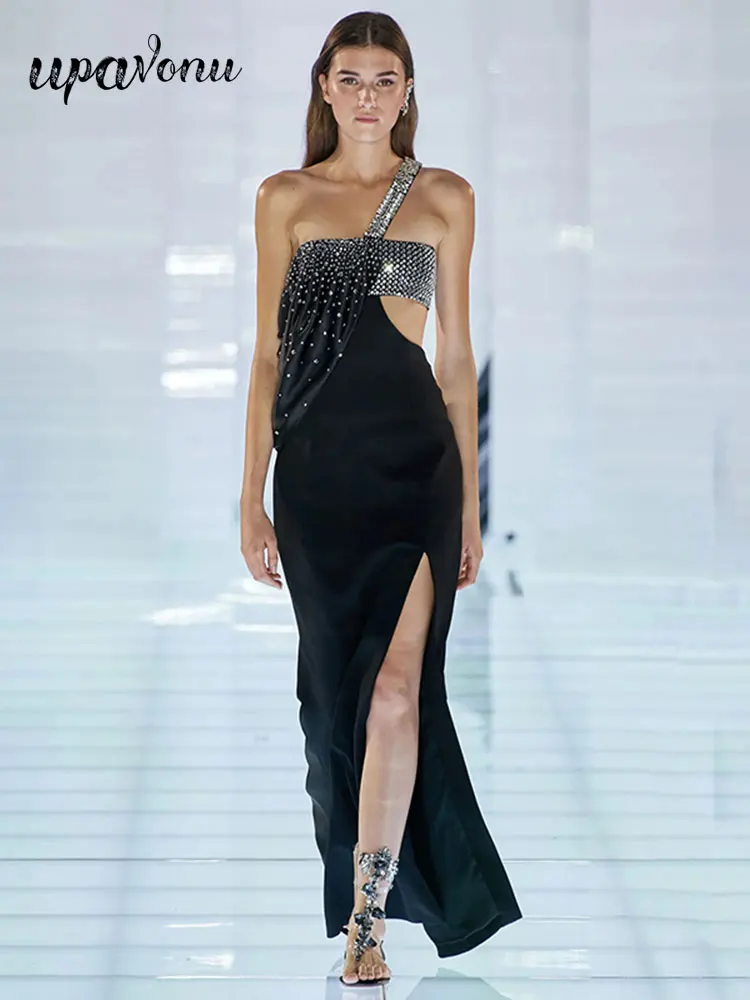 

Sexy Summer One Shoulder Sleeveless Hollow out Patchwork Rhinestone Bandage Dress Cocktail Evening Party Split Length Dresses