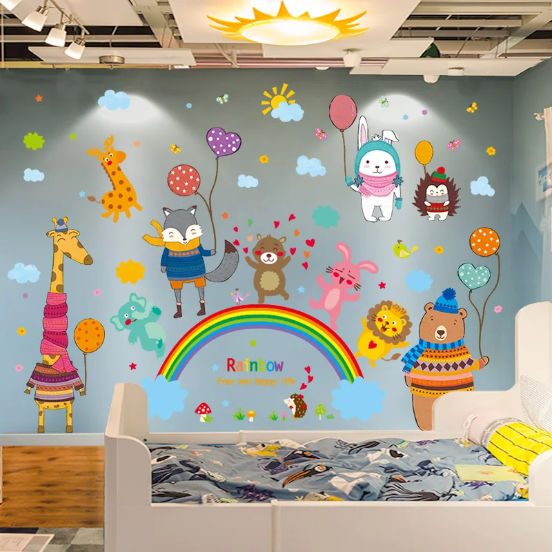  Cartoon-Tiere-Wand-Aufkleber-DIY-Kreative-Regenbogen-Wolken-Wandbild 