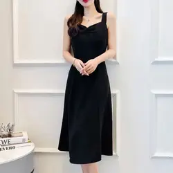 Elegant V - Neck Slip Midi Dress with Vintage Floral Design - XXXL (Black)