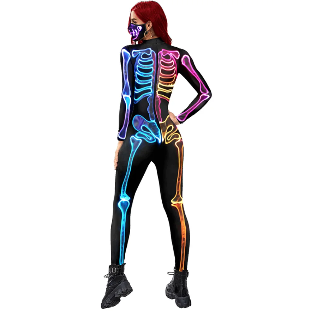 Adult Fluorescent Skeleton Print Halloween Cosplay Bodysuit for Women Ghost Jumpsuit Party Carnival Performance Scary Costume