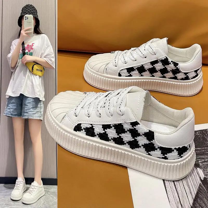 

Spring Autumn New Women's Flat Sneakers Piaid Women's Platform Casual Breathable Shoes Lace Up Vulcanized Shoes Tenis Feminino