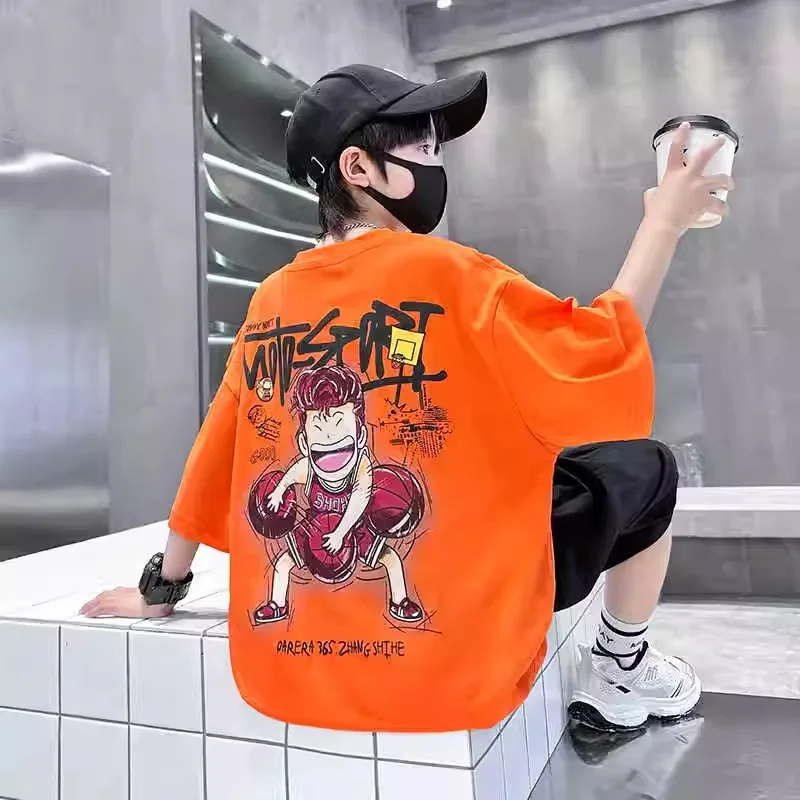 Boys Summer Short Sleeve Basketball Print T-Shirt Trendy Streetwear for Middle And Big Kids Cotton Material round Neck Design - 3