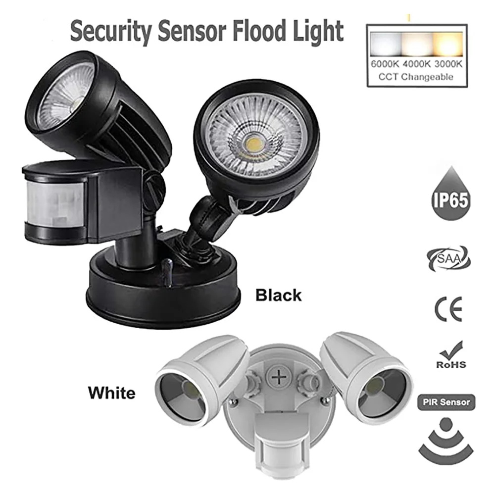 2 Bulbs PIR Spot Light Twin Motion Sensor Black Outdoor Security Flood Light 