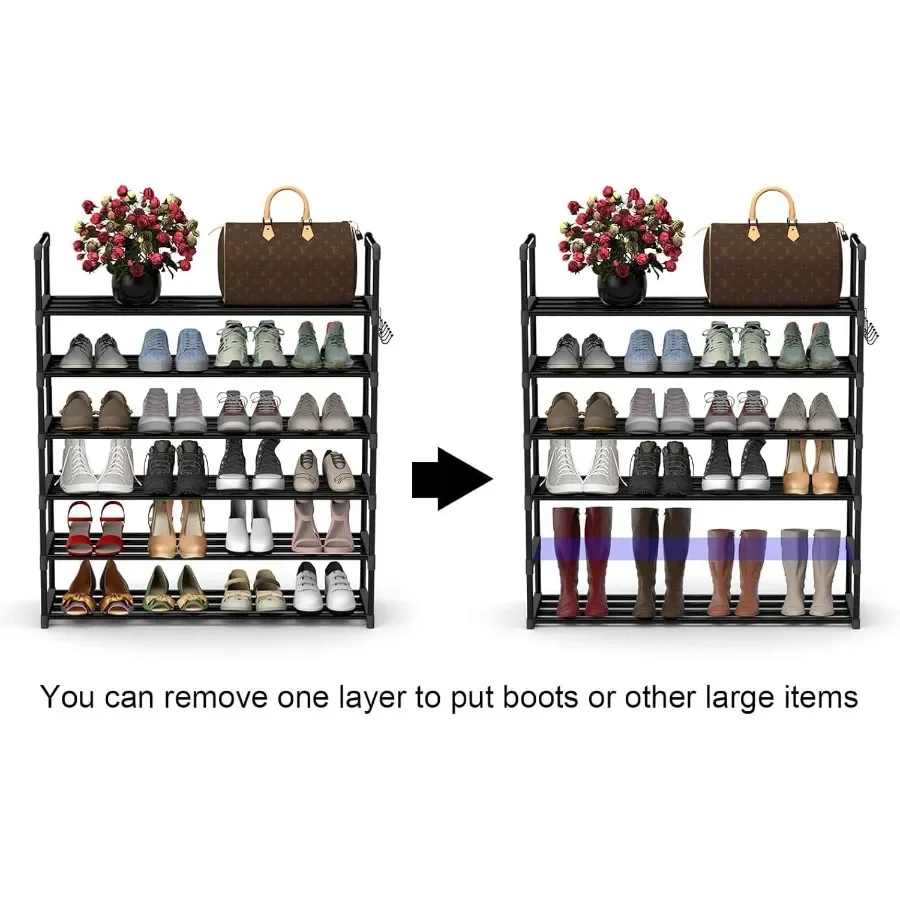 6 Tiers Metal Shoe RackAdjustable Shoe Shelf Storage Organizer with Hooks Stackable Boot Shoe Storage for Entryway Hallway Clos