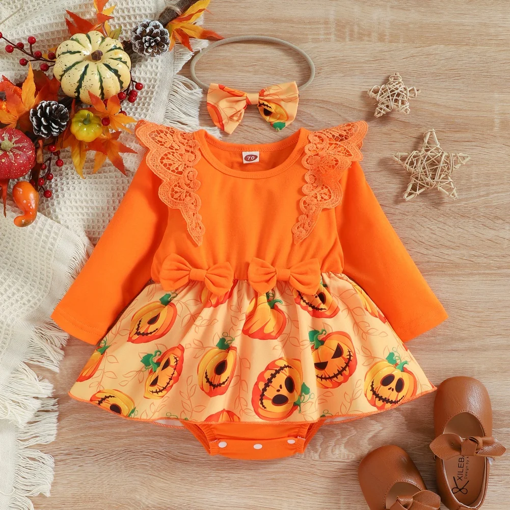BaywellBabyGirlsHalloweenClothesPumpkinJumpsuitHairBandSet2
