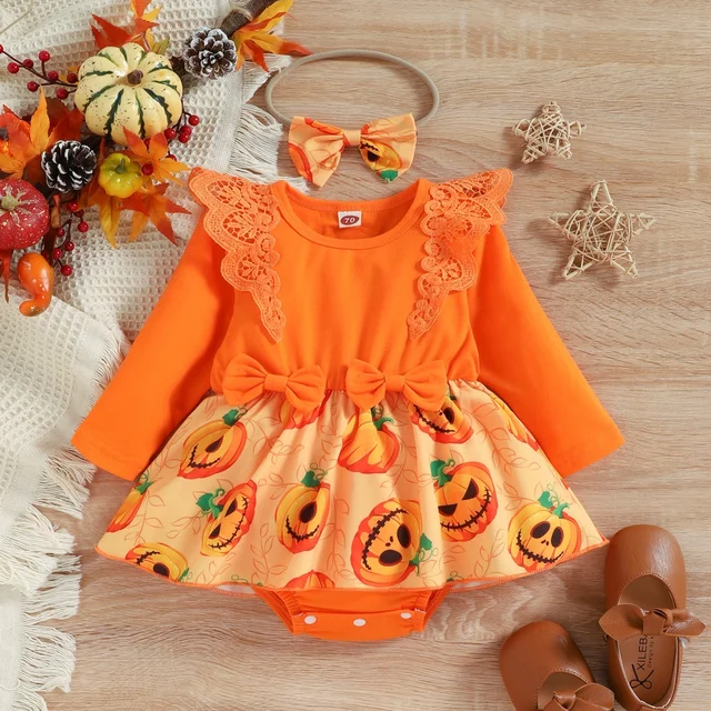 Baywell Baby Girls Halloween Clothes Pumpkin Jumpsuit + Hair Band Set 2 Pcs Toddler Fashion Bodysuit 6-24 Months 1