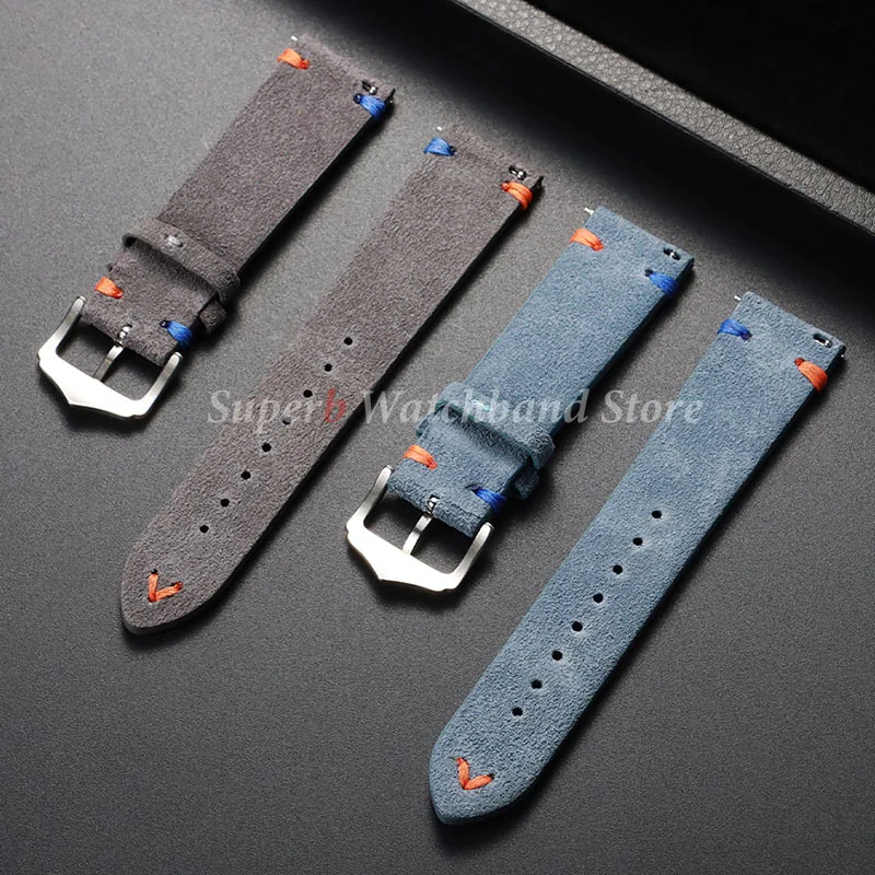Vintage Suede Leather Watch Strap with Handmade Stitching – Soft and Universal Replacement Wristband