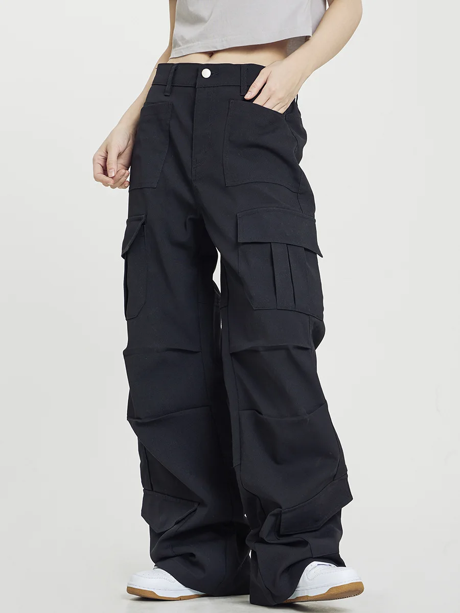 

Vintage Multi-Pocket Cargo Pants Women High Street Loose Straight Casual Pant 2023 Autumn Female High Waist Solid Color Trousers