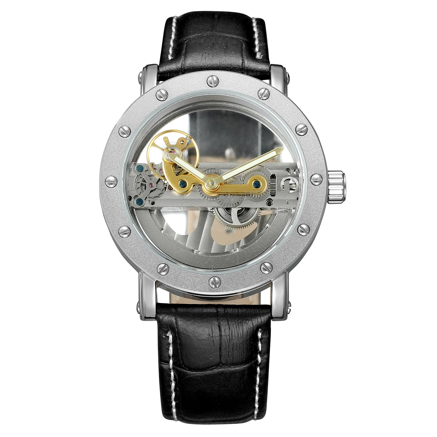 Silver Watch Hollow out round nail scale Mechanical leather strap Wrist watch Men's and women's watches