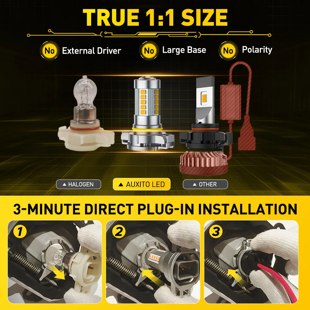 AUXITO 2개입 H16 5202 LED 안개등 자동차 주행등 데이라이트 안개램프 전구 아메르 옐로우 자동차 초고휘도 6500K 화이트