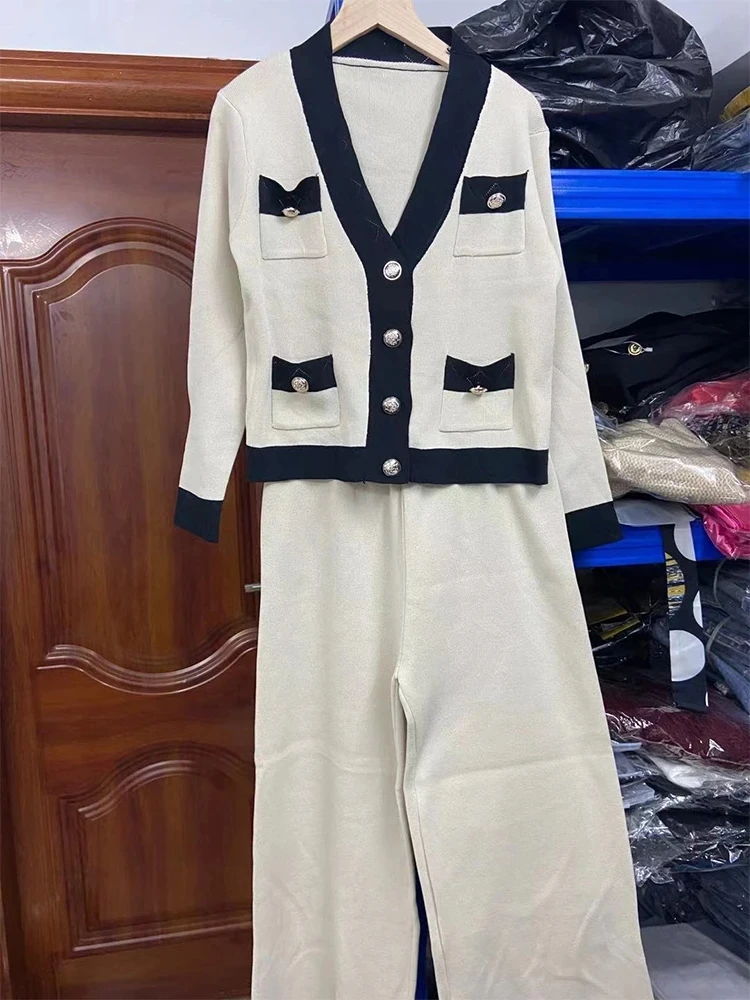 Mode femmes maison costume 2023 décontracté tricot costume ample à manches longues pull large jambe pantalon deux pièces Pama ensembles pour les femmes_voghion.com