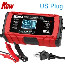Smart 12V 15A Battery Charger with LED Display for Various Battery Types (Upgraded - US)