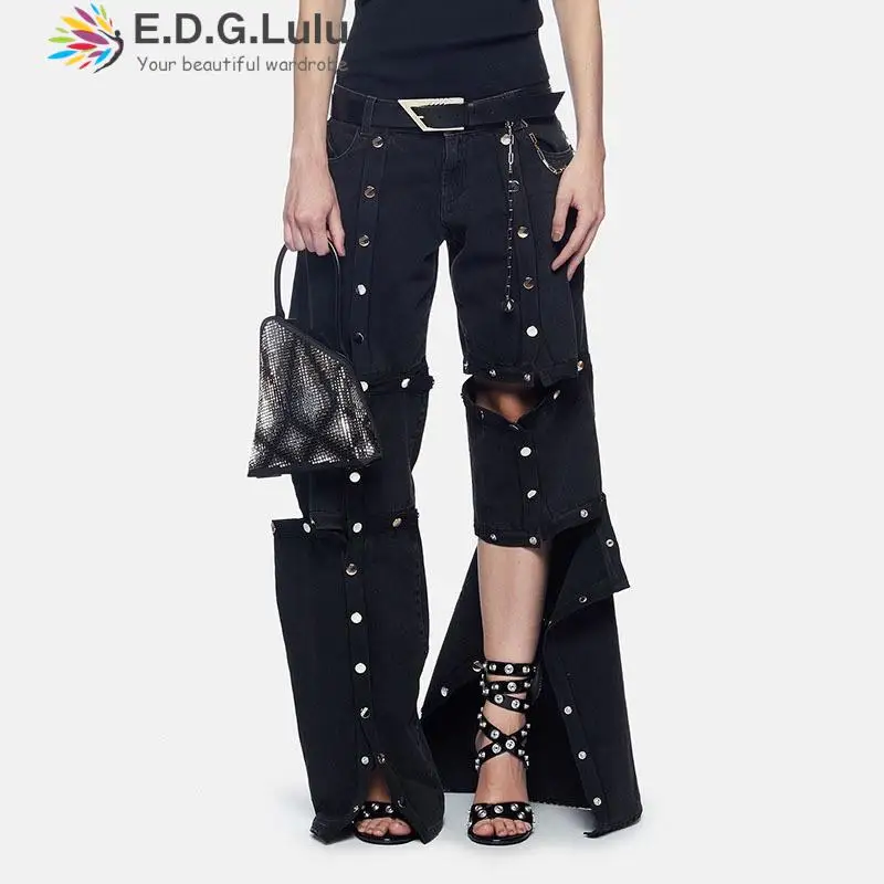 

EDGLuLu Black Wide Leg Jeans Women 2024 New High Waist Design With Multiple Detachable Buttons Casual Denim Pants Fashion 0310