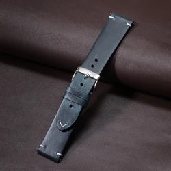 Vintage Oil Wax Genuine Leather Watchband - Quick Release Calfskin Strap - 22mm (Dark Blue)