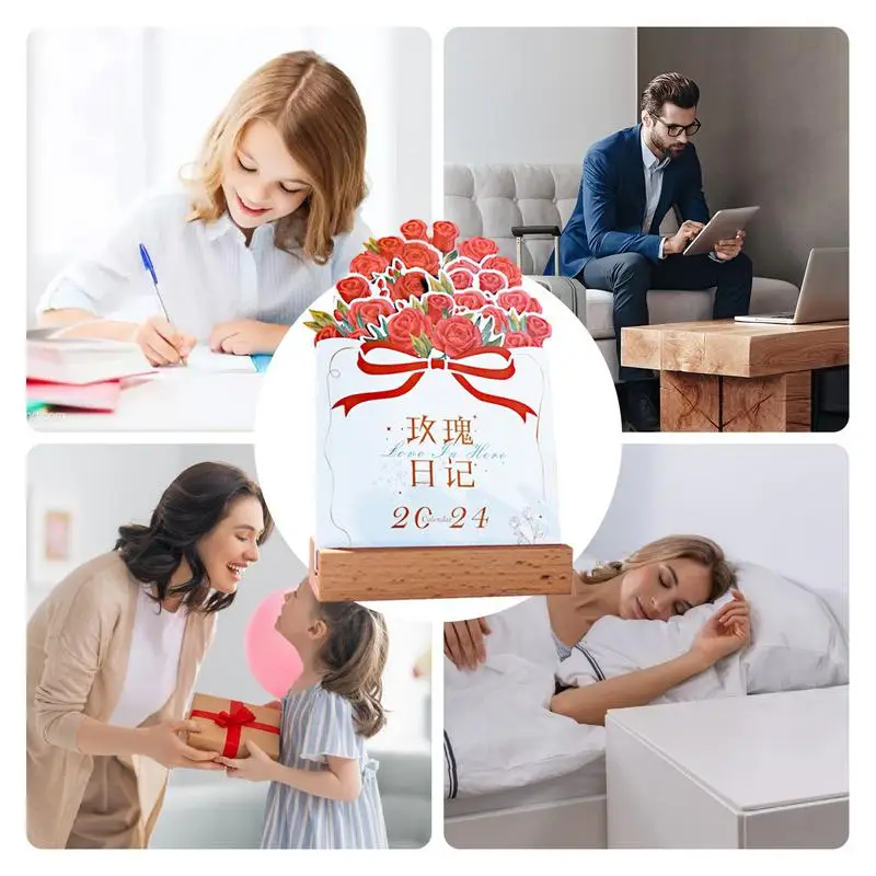나무 받침대가 있는 2024 책상 달력, 공부방 학교 책상 달력, 꽃 테마, 창의적인 책상 달력