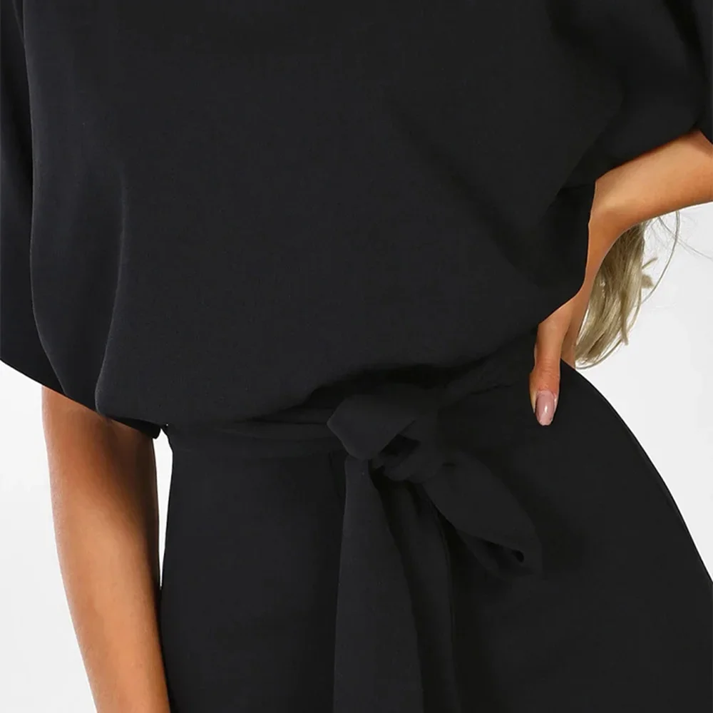 Solid Color Women Long Pants Summer Elegant Short Sleeve Lace-up Jumpsuits Women Wide Leg Bodysuit Clothes Overalls Streetwear