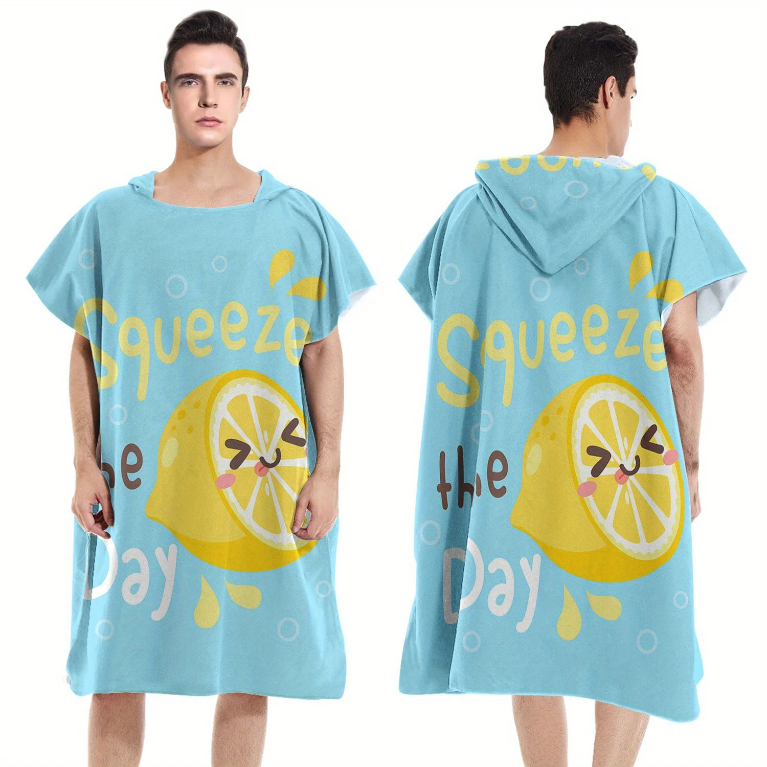 레몬 Squeeze the Day 프린트 후드 타월 판초 1개, 속건성 폴리에스터 비치 체인징 로브, 가족/커플용 수영 판초