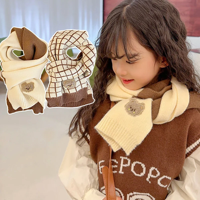 Korean Bear Stripe Kids Scarf Winter Thick Velvet Warm Boy Girl Long Neckerchief Outdoor Windproof Kids Anti-Cold Neck Cover