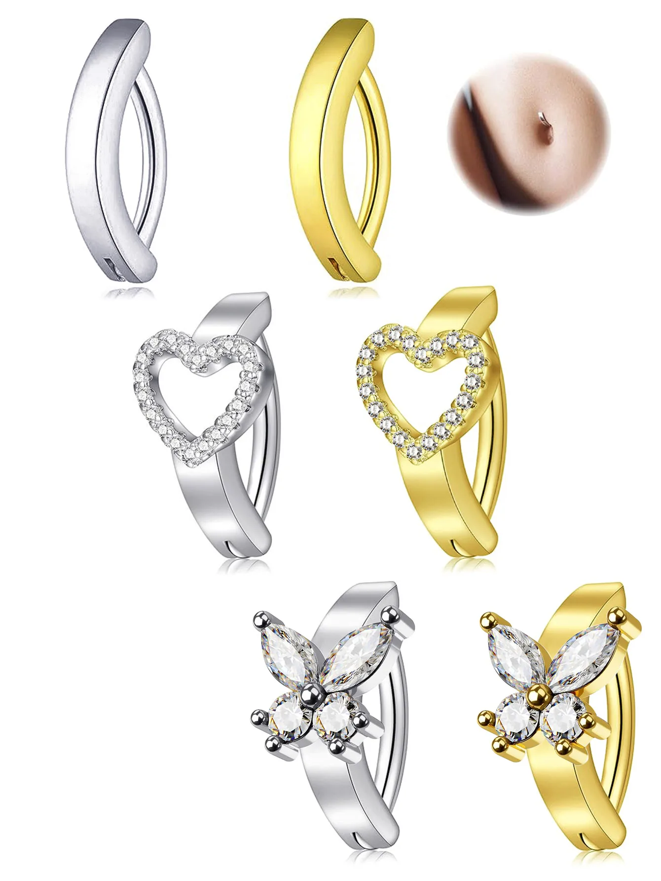 Butterfly Navel Belly Button Ring Surgical Steel Zircon Heart Umbilical Ring Reverse Curved Glossy Snap Tummy Piercing