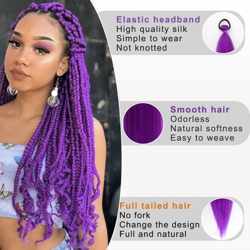 3 Pc Purple 26inch Braided Hair With Elastic Elastic Band Wig Women's Hair Extensions Pink Purple Gradient Braided Ponytail Synt