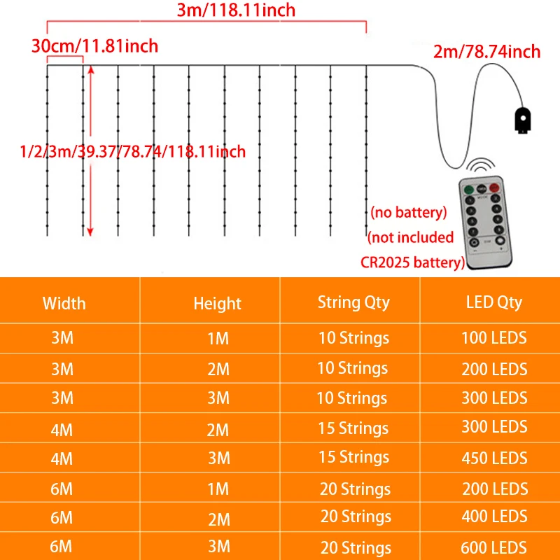 Description Picture 2 of itemLED Garland Curtain Lights 8 Modes USB Remote Control Fairy Lights String for Christmas Decor Home Wedding Holiday Party Lamp