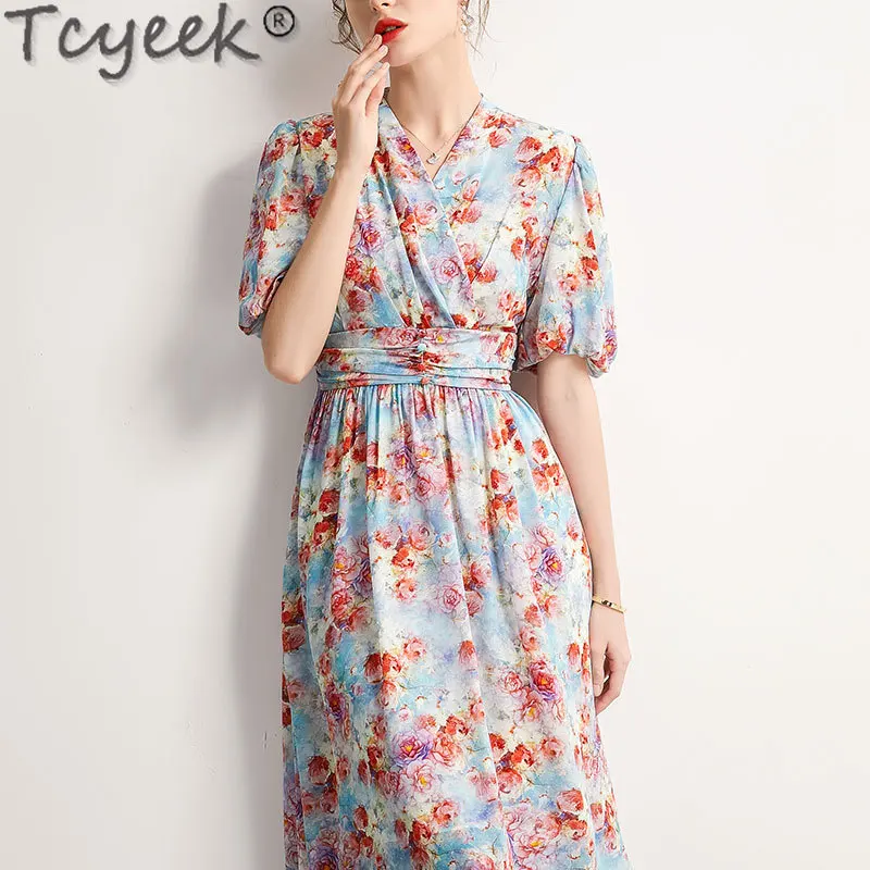 

Tcyeek 100% Real Mulberry Silk Dress Women 2024 French Summer Clothes Fashion Midi Dress Elegant Women's Dresses Lantern Sleeve