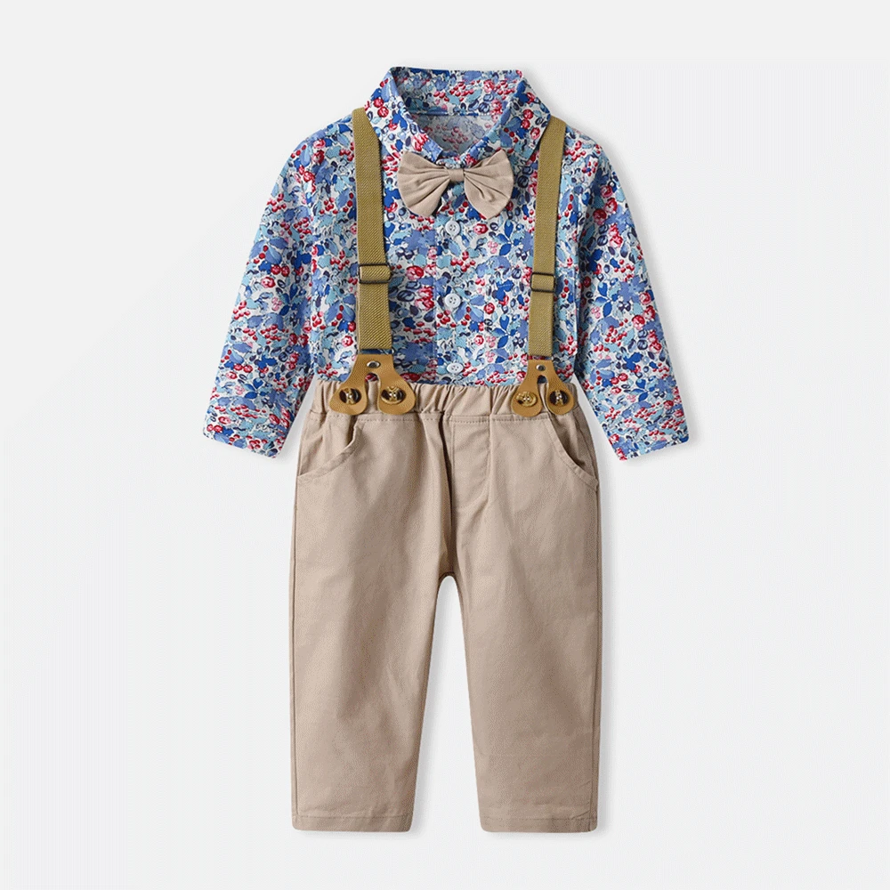 

723 New Children's Suit Boys' Set Dress Long Sleeve Floral Shirt Bow Tie Spring and Summer Bib Pants