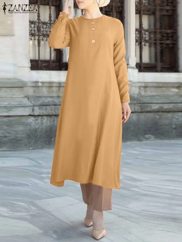 

Новые Abayas для женщин ZANZEA модное мусульманское хиджаб платье с длинным рукавом Однотонный сарафан миди Vestidos оверсайз халат мусульманская одежда