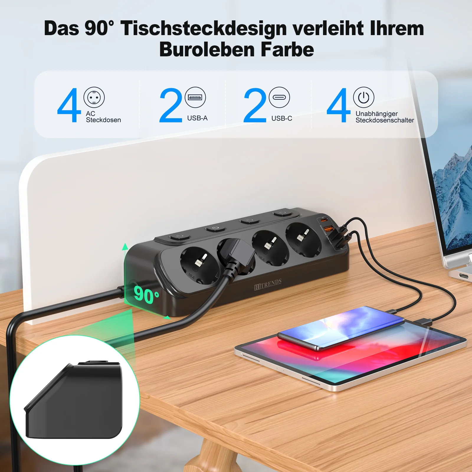 flat plug 90-degree desktop power strip with 4 AC outlets 2 USB 2 Type C PD20W fast charge EU power socket 3m cable for home 2