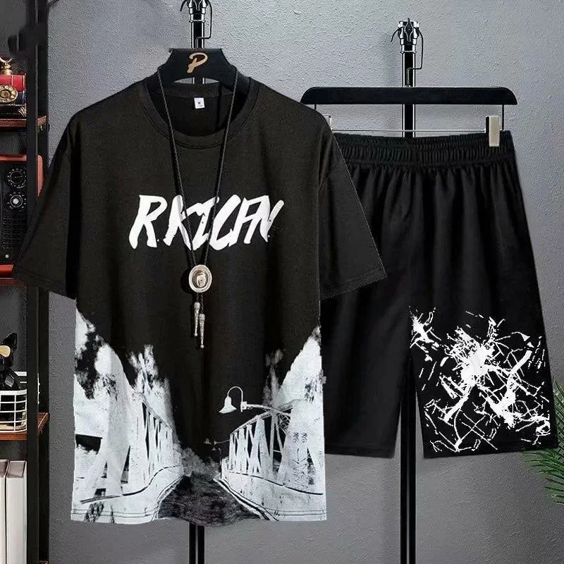 

New Summer Men's Printing Tracksuit Fashion Ice Silk Short Sleeve T-shirt And Shorts Two Piece Sets Mens Designer Clothes