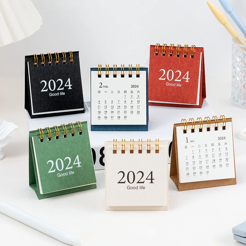 2024 Kawaii Mini Desk Calendar Cute Coil Calendar Daily Weekly Planner Time Management Table Decoration School Office Supplies mini cute alpaca statue natural crystal stone carving animal figurines healing gemstone crafts for home decoration