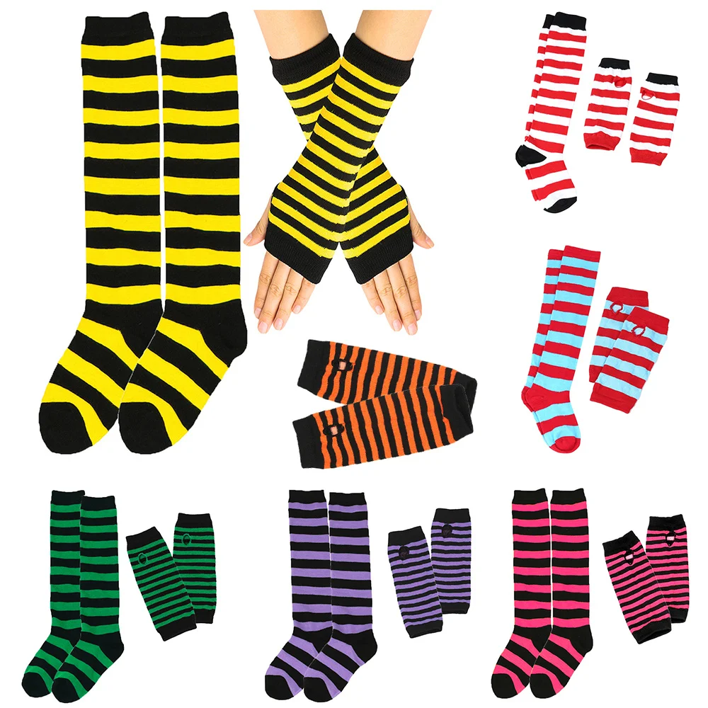 

1 Set Women Gloves+ Over Knee Thigh High Stockings Winter Knitted Gloves Stripe Warm Dance Long Socks Set Christmas Gifts