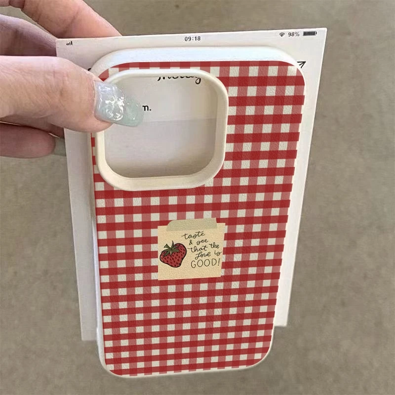 Red Grid Strawberry Pattern Phone Case - Stylish Bumper Cover
