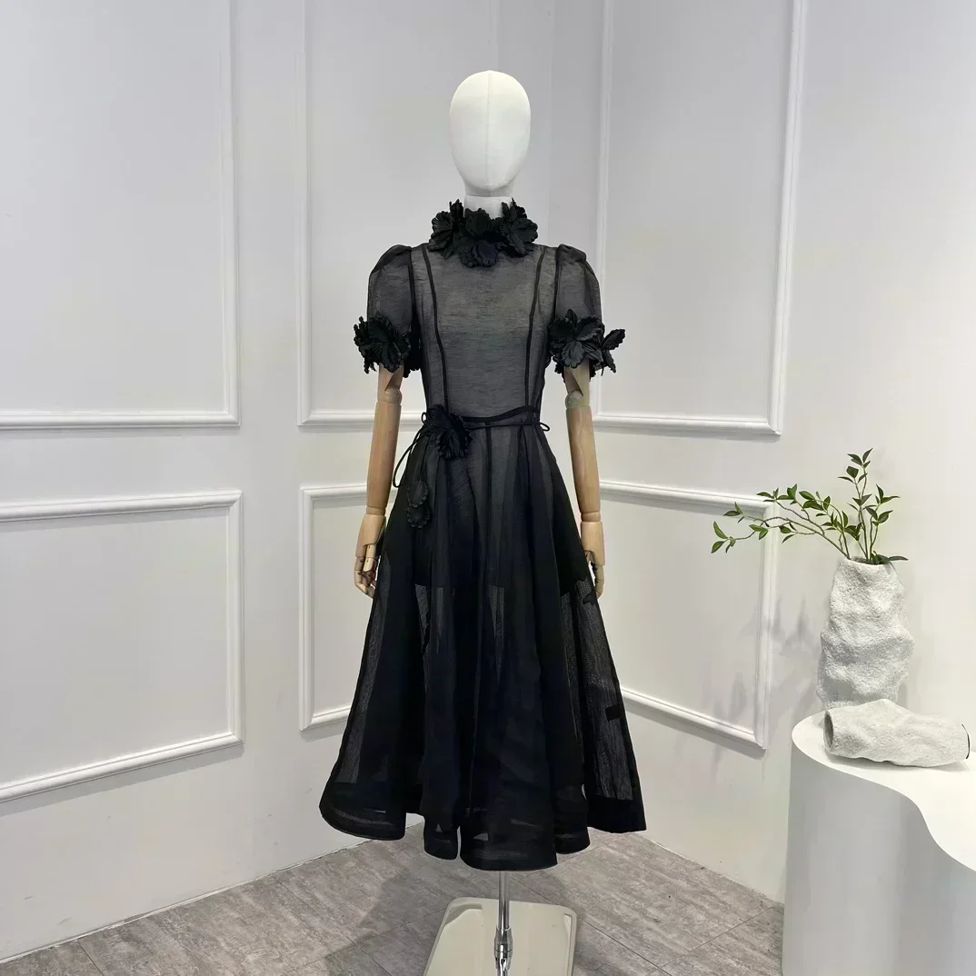 

Женское ТРАПЕЦИЕВИДНОЕ ПЛАТЬЕ средней длины, бежевое и черное платье из шелка и льна с трехмерными цветами и коротким рукавом, Новое поступление