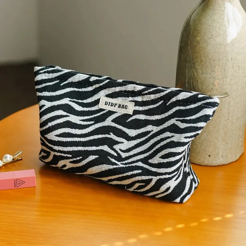 DJDF Black & White Zebra Stripes Women's Cosmetic Bag Polyester Skincare Storage Portable Travel Toiletry Bag Large Capacity 3