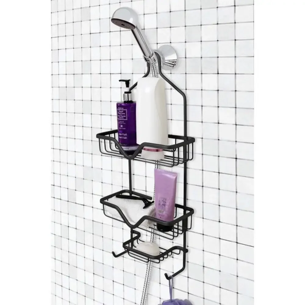Aluminum Hanging Shower Caddy Bathroom Organizer with Two Shelves Soap Dish Razor Hooks and Suction Cups Modern and Elegant