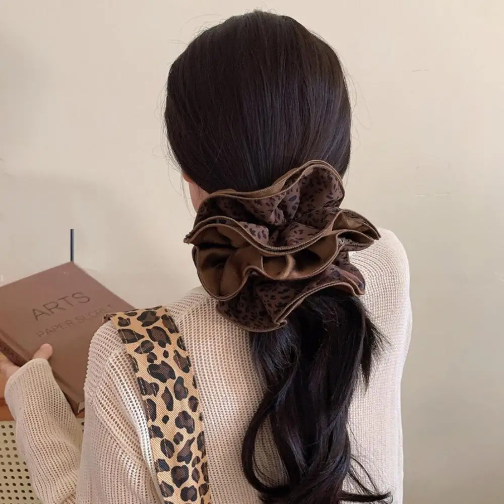Retro Autumn Winter Leopard Print Scrunchies For Women Four-layer Large Elastic Hair Tie Fashion Ruffled Ruffle Hair Rubber Band