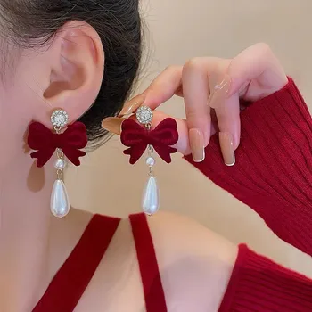 925 Silver Needle Korean Wine Red Flocking Bow Earrings For Women Jewelry 2025 Trending Bowknot Pearl Bridal Dress Drop Earrings
