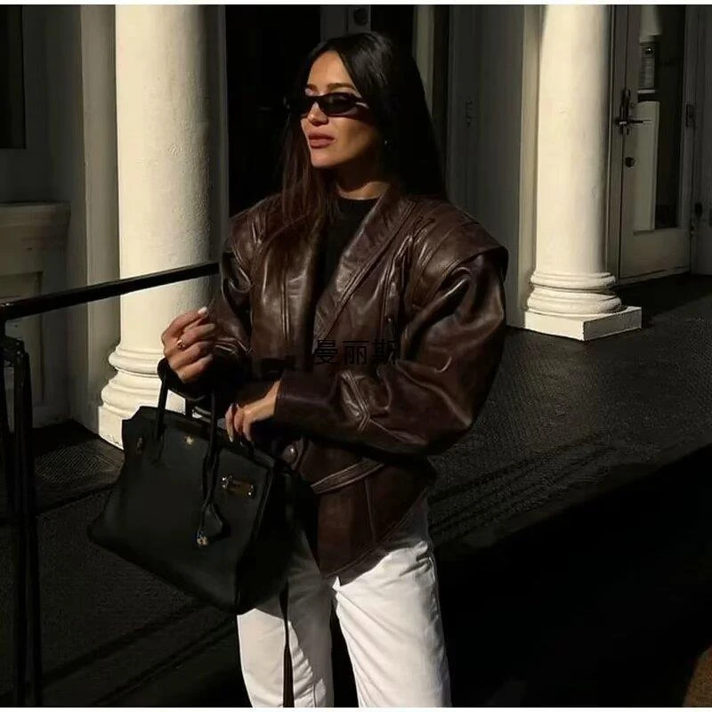 Suninheart Autumn and Winter Faux Leather Jackets for Women 2024 Chic Dropped Shoulder PU Jacket Coat Casual Office Lady Blouse 3