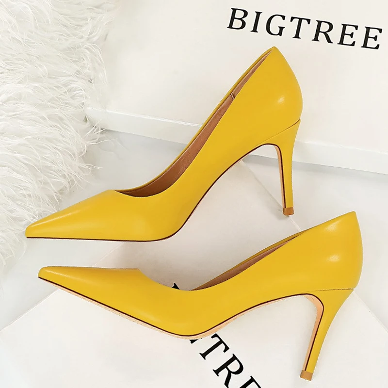 BIGTREE-신발, 여성 7.5 Cm 힐, Pu 가죽, 여성 펌프, 직업, OL 사무실 신발, 뾰족한 새끼 고양이 힐, 숙녀 신발