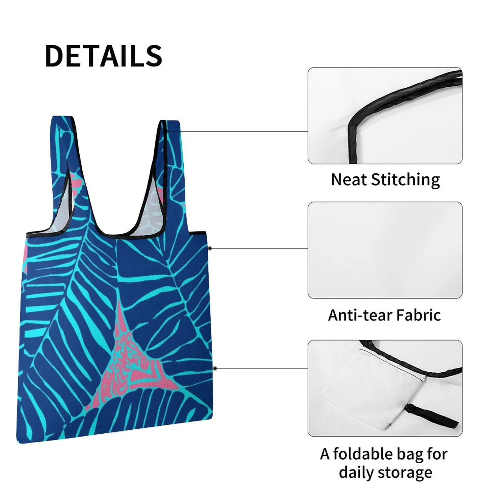 Lightweight Folding Shopping Bag Painted Blue Patterned Fashionable Shopper Totebag Reusable Grocery Supermarket Satchel Bag