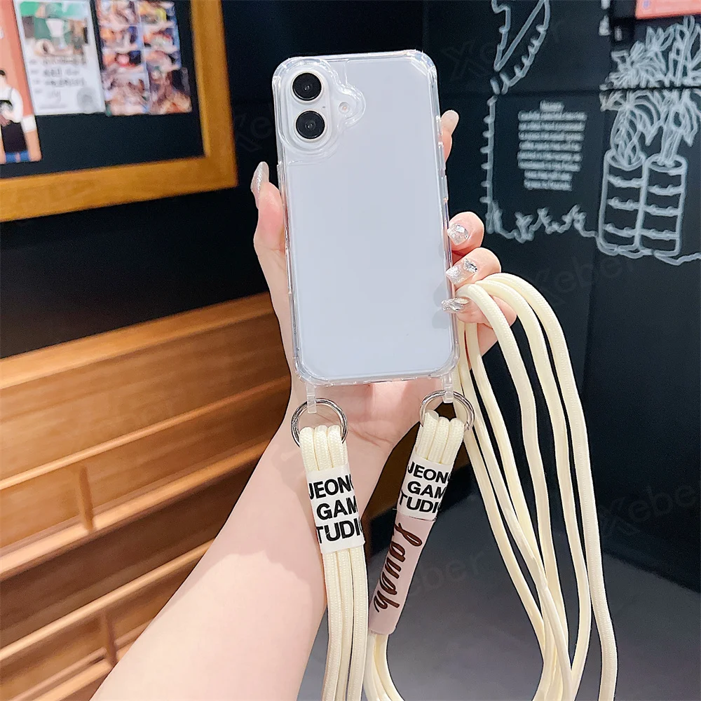 Étui de téléphone transparent avec lanière et collier en bandoulière pour iPhone 15 16 14 Pro Max 14 13 12 11, housse de protection antichoc à coussin d'air_voghion.com