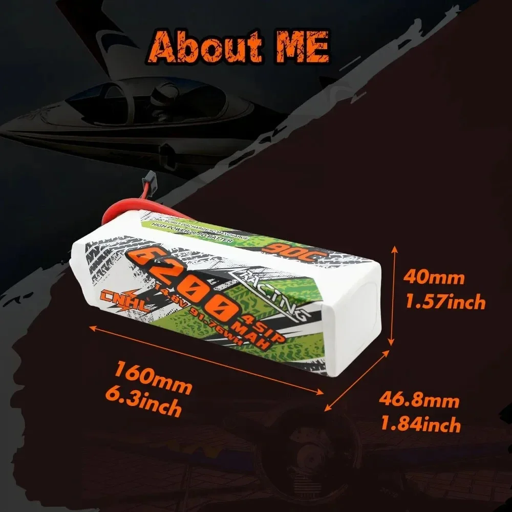 Connecteurs EC5 et QS8 de la batterie Lipo CNHL 4S 14.8V 90C en gros plan, prêts pour usage RC.