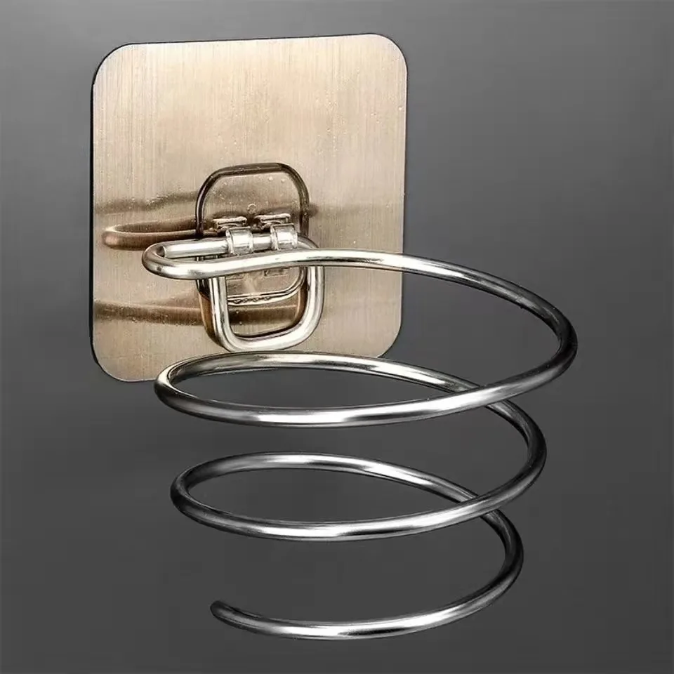 Hair Dryer Holder Blower Organizer Adhesive Wall Mounted Nail Free No Drilling Stainless Steel Spiral Stand Storage For Bathroom 3