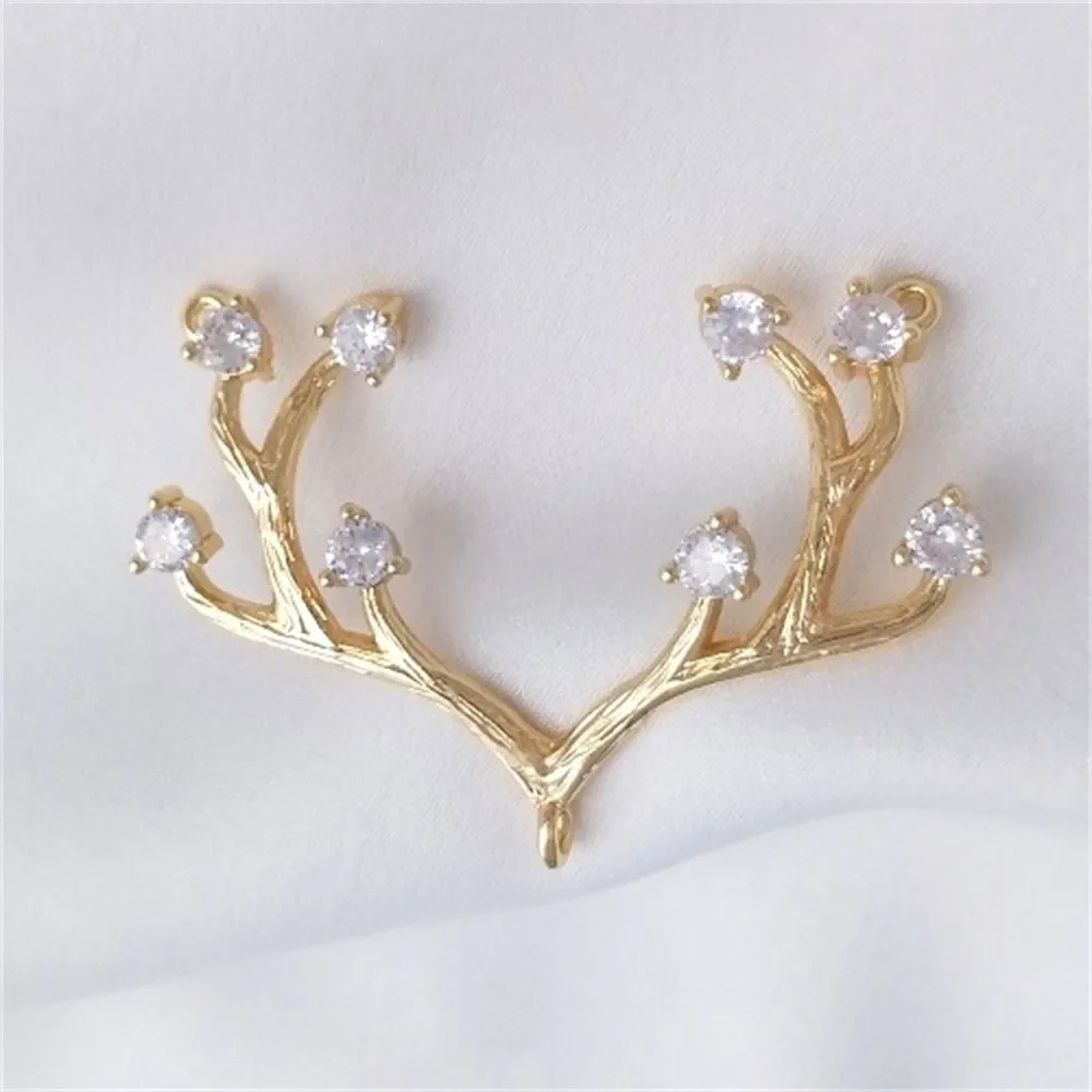 

14K Copper Clad True Gold Branch Set Zirconium Deer Horn Pendant Double Hanging Ring Handmade DIY Necklace Charms Accessories