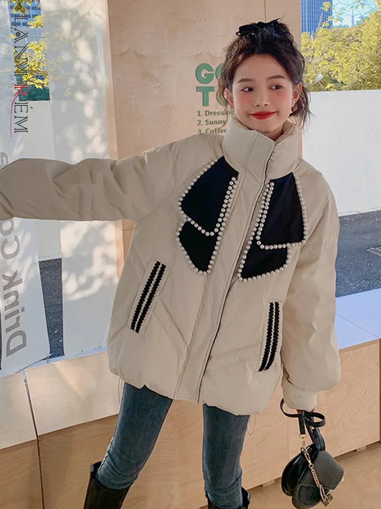 

LANMREM Fashion Cotton Coats For Women Pearl Bow Style Long Sleeves Korean Version Female Warm Clothes 2023 Winter New 2DA2124