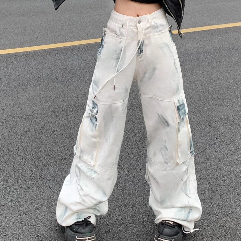 Casual Cargo Pants Women American Retro High Street Multi-pocket Wide-leg High Waist Full Length Four Seasons Female Streetwear