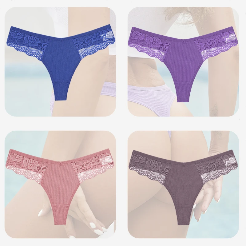 thumbnail image 1 of Bragas con Encaje Floral y Parte Trasera en T, Tanga de Algodón, Calado, Ropa Interior, Lencería Íntima, Sexi, Talla Grande, Mujer, Set de 4 Unidades, 1 of 5