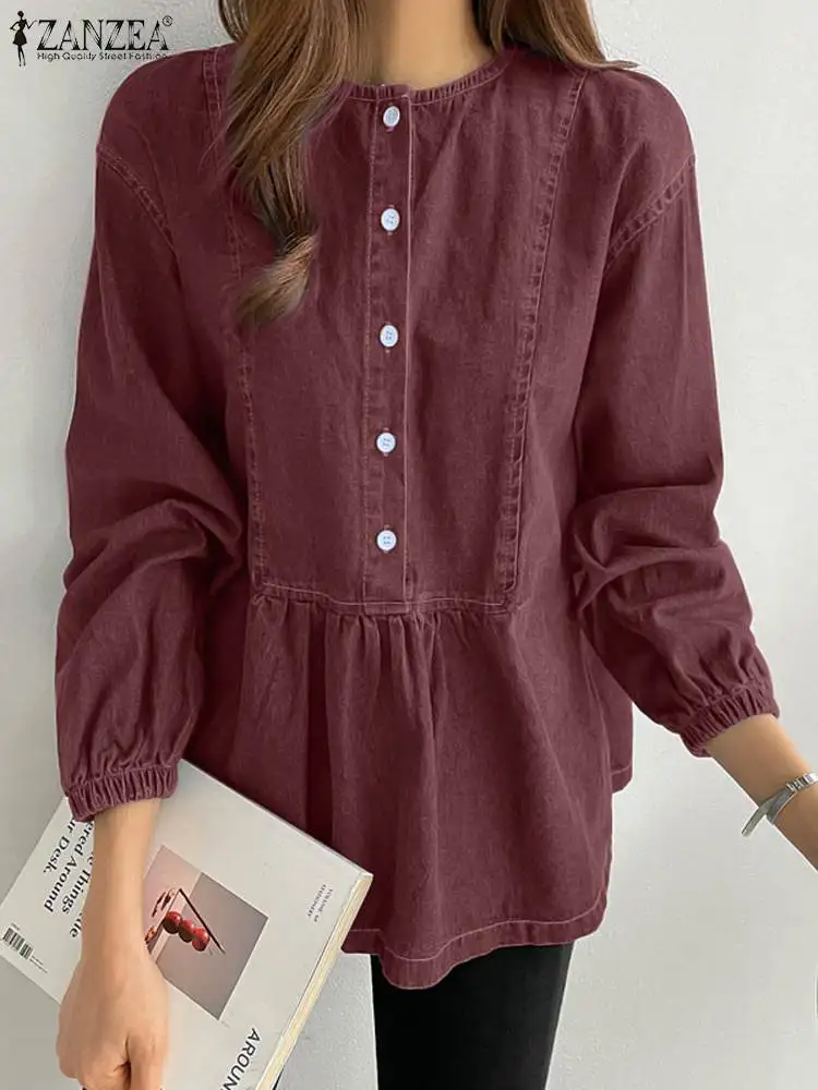 

ZANZEA Fashion Stitching Pleating Blusas Long Sleeve Blouse Vintage Women Denim Tops 2023 Autumn O-neck Buttons Casual Tunics