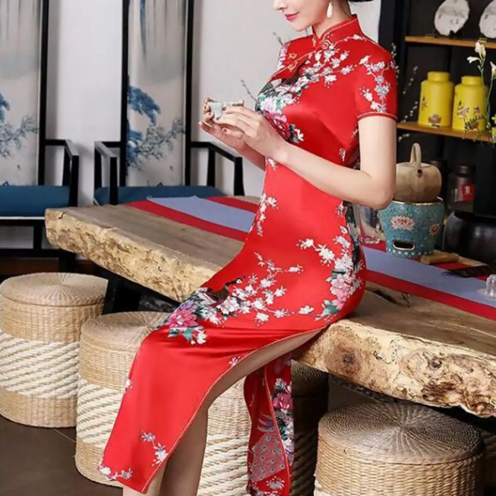 Chinese Cheongsam Dress Retro Style Floral Print Stand Collar High Side for Women Summer